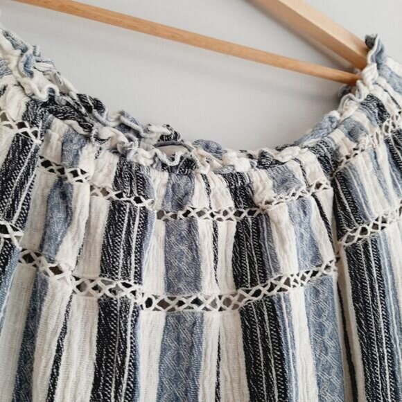 ROXY Anthem 100% Cotton Off-Shoulder Romper Blue Stripe Pattern Sz M - Picture 5 of 13